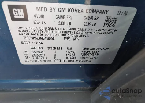 2021 Chevrolet Trailblazer Fwd Lt from USA, damaged, VIN KL79MPSL4MB118958